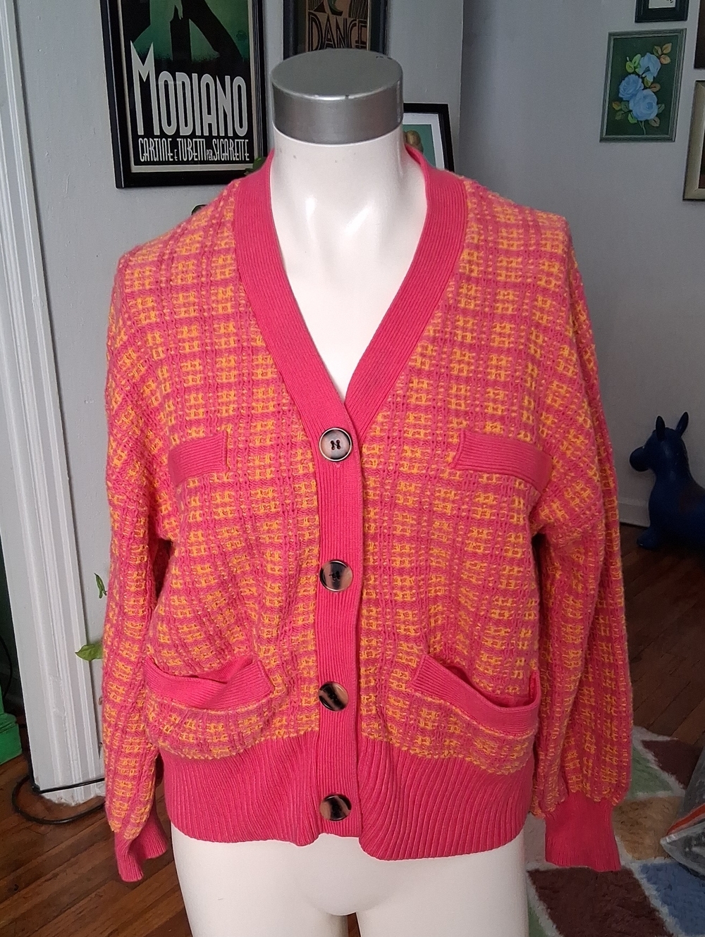 Free Assembly Pink And Gold Plaid Cardigan, Large